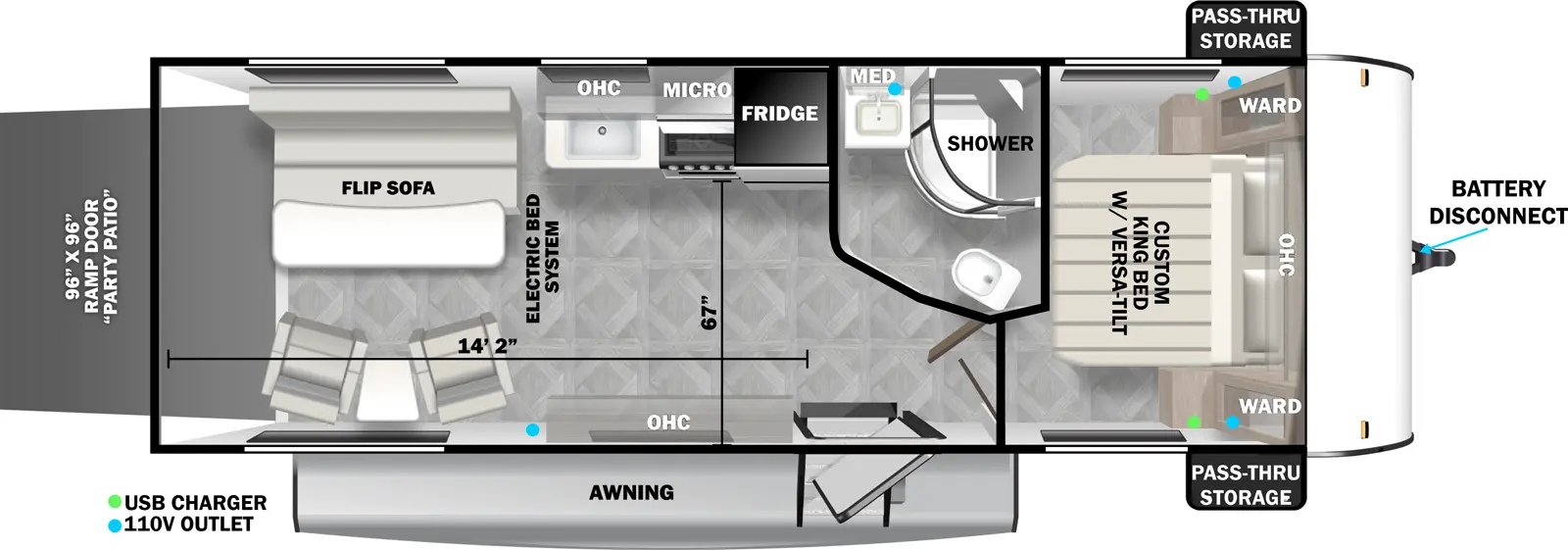 The 251SSXL has one entry, zero slideouts, and a rear ramp door. Exterior features front storage on each side, awning, and ramp door party patio. Interior layout front to back: custom king bed with overhead cabinet and wardrobes on each side; off-door side full bathroom with medicine cabinet; entry door; off-door side refrigerator, microwave, cooktop, kitchen cabinet with sink, and overhead cabinet; door side overhead cabinet; rear off-door side flip sofa with table, chairs with end table, and electric bed system. Garage dimensions: 14 foot 2 inch length, 67 inch width, 96 inch by 96 inch ramp door.